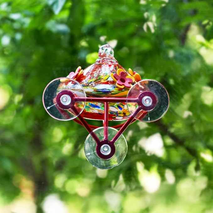 Window Hummingbird Feeder - Hand Blown Glass Mounted Hummingbird Feeder with Strong Suction Cups for Outdoor Window Mount (Red)