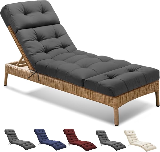 Outdoor Chaise Lounge Chair Cushion 74.4 x 22 x 4.7 Inches Non-Slip Lounge Chair Cushions for Outdoor Furniture with Ties, Patio Recliner Thickened Lounge Cushions for Indoor, Grey