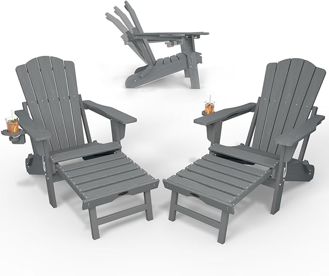 Folding Adjustable Adirondack Chairs with Ottoman & 1 Cup Holders Set of 2, HDEP Multifunctional Adirondack Chair with Footrest,Grey
