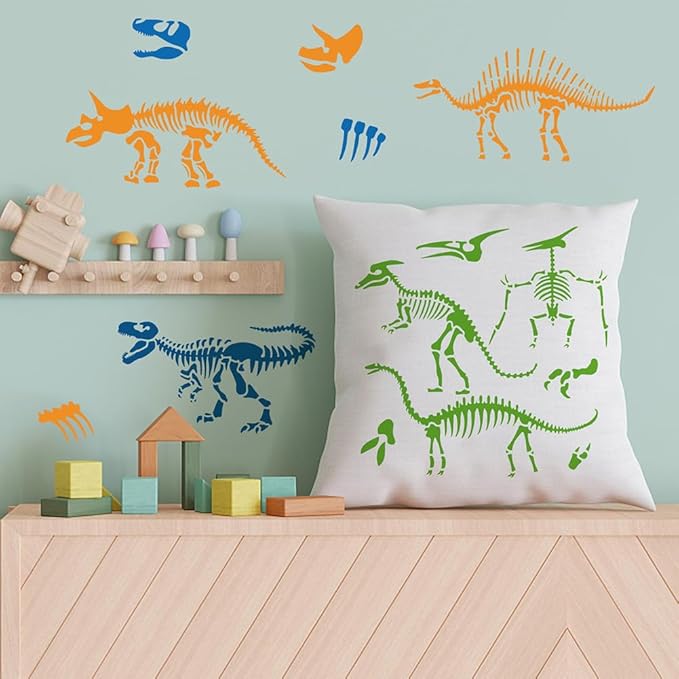 MAYJOYDIY 3pcs Dinosaur Skeleton Stencil Template Stegosaurus Triceratops Tyrannosaurus Rex Stencils 11.8×11.8inch with Paint Brush Dinosaur Footprint Stencils for Painting DIY Craft Window Wood