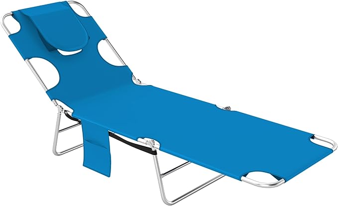 Outsunny Chaise Lounge Chair Outdoor with Face Arm Hole, 5-Position Reclining Face Down Tanning Chair with Carry Strap, Side Pocket, Portable Folding Bed Cot for Patio Beach Pool, Light Blue