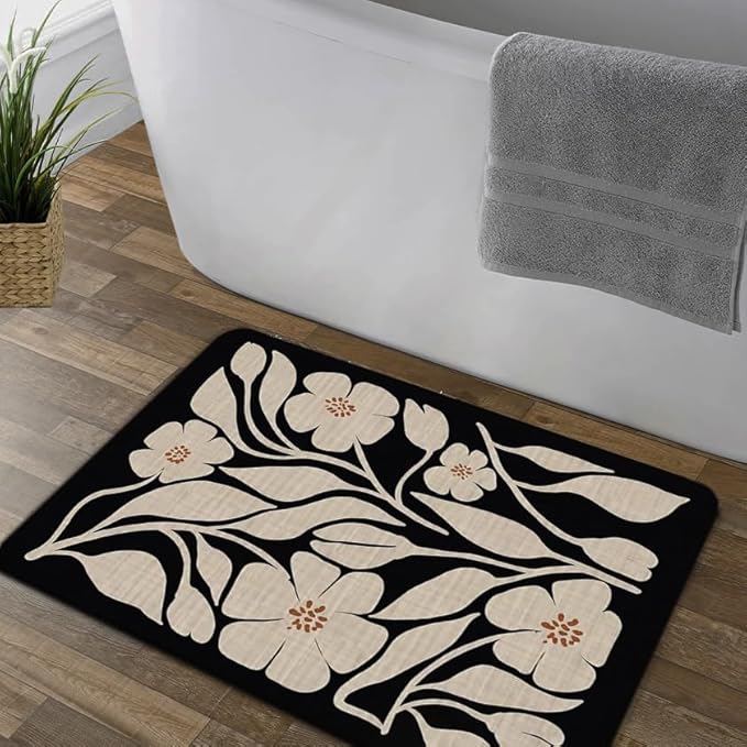 Boho Beige and Black Floral Door Mat - Bohemian Neutral Floral Front Door Welcome Mats Outdoor Entrance, 17x30 Rug