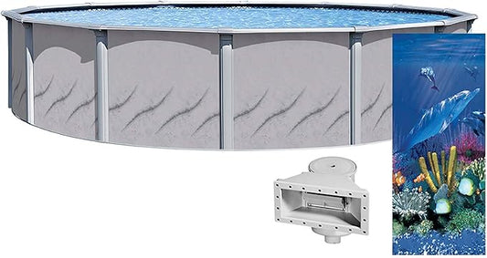 Lake Effect Pools 'Galeria' 24' Foot Round Above Ground Swimming Pool | 52" Inch Height | Antilles Dolphin Overlap Liner and Widemouth Skimmer Bundle | Resin Protected Steel-Sided Walls