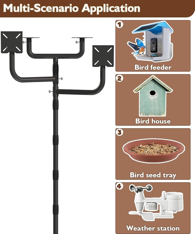 Garbuildman Upgraded Smart Bird Feeder Pole for 4 Birdhouses with Reinforced 5-Prong Base, Adjustable Birdhouse Pole for Outdoors, 4-in-1 Bird Feeder Stand Mounting Kit for Wild Birds Watching, Black
