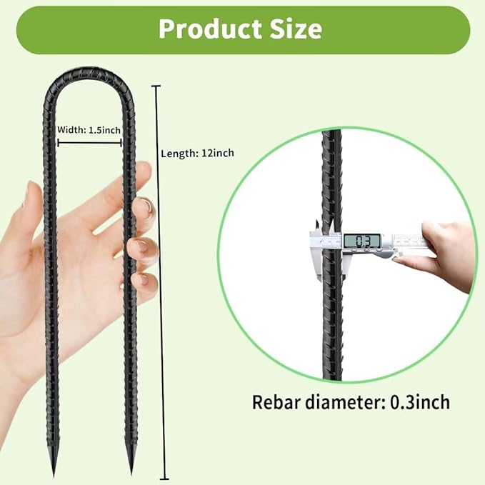 Ground-Stakes-Heavy-Duty-12 inch, U-Hook Rebar Stakes Black Coated Anti-Rust 10pcs Garden Stakes Metal Ground Anchors for Garden Dog Fence Chicken Coop Christmas Decorations Deer Fence