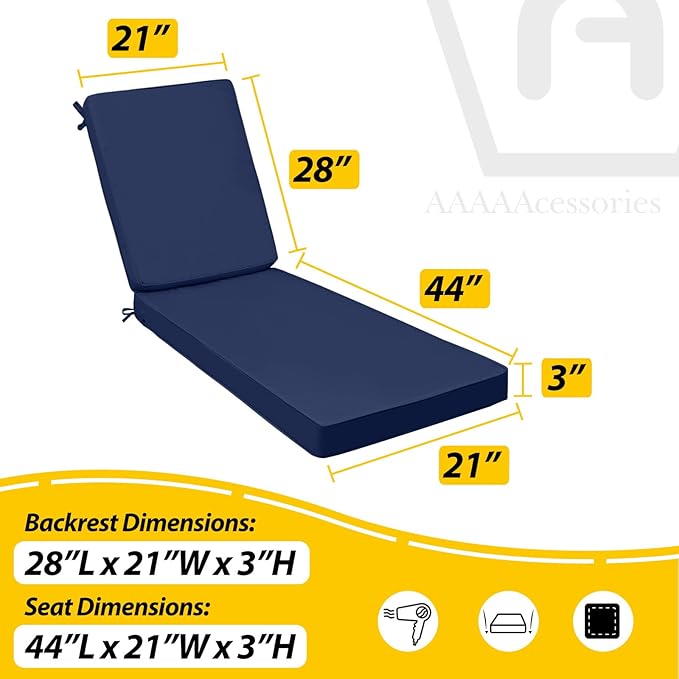 AAAAAcessories Outdoor Chaise Lounge Cushions, Fade-Resistant, Waterproof Patio Furniture Replacement Cushions, 72" x 21" x 3", Set of 2, Navy Blue