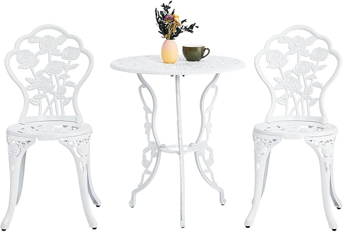 VINGLI 3 PCS Outdoor Bistro Set, Outdoor Patio Set, All-Weather Cast Aluminum Bistro Table Set, Bistro Table and Chairs Set of 2 for Backyard, Garden, Balcony (White, Rose)