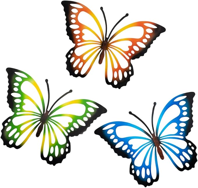 3 Pack Large Metal Butterfly Wall Decor, 13.8 Inch Indoor Outdoor Butterfly Decor, Colorful Outdoor Metal Wall Art for Garden, Yard, Fence, Patio