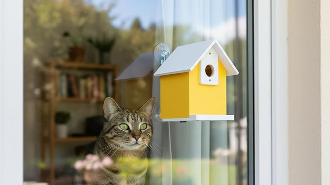 Water Proof Window View Bird House for Outside with 2 Powerful Hooks,Vinyl Birdhouse for Viewing Inside, Multifunctional Entrance For Various Birds 1.25" + 1.5" Hole, 10 Years Performance（Yellow）