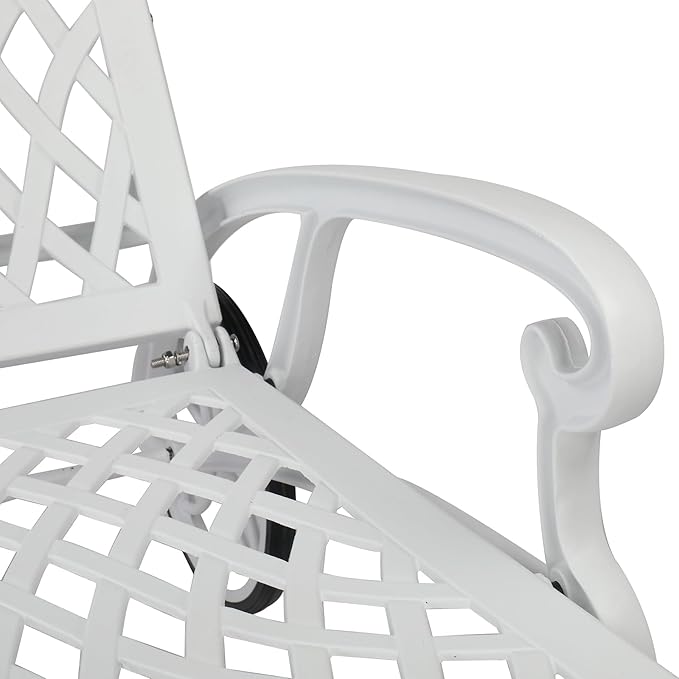 VINGLI Cast Aluminum Outdoor Chaise Lounge Chair with Wheels, Patio Chaise Lounge with 3-Position Adjustable Backrest, Tanning Chair Reclining Chair for Poolside (White, Without Cushion)