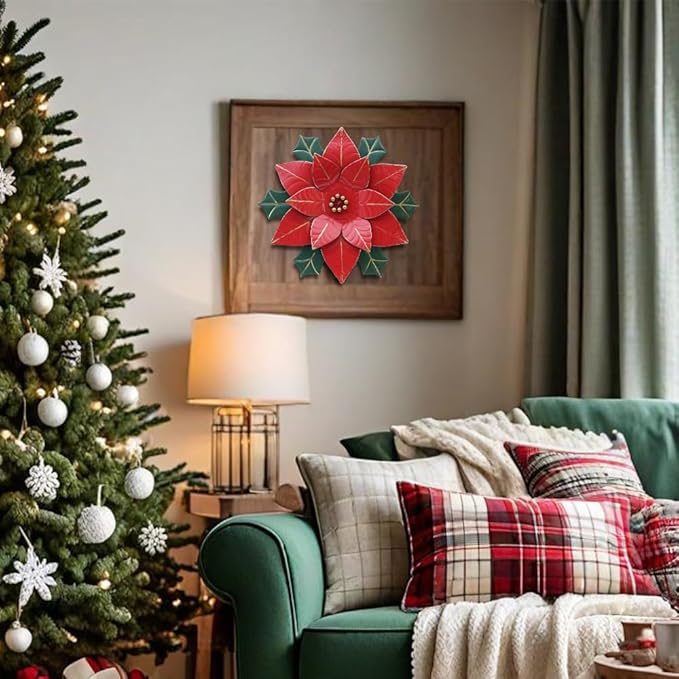 hogardeck Christmas Decorations Indoor, 11" Metal Flower Wall Decor, Poinsettia Floral Metal Wall Art, Xmas Wall Decor for Bathroom, Living Room, Porch, Garden, Yard