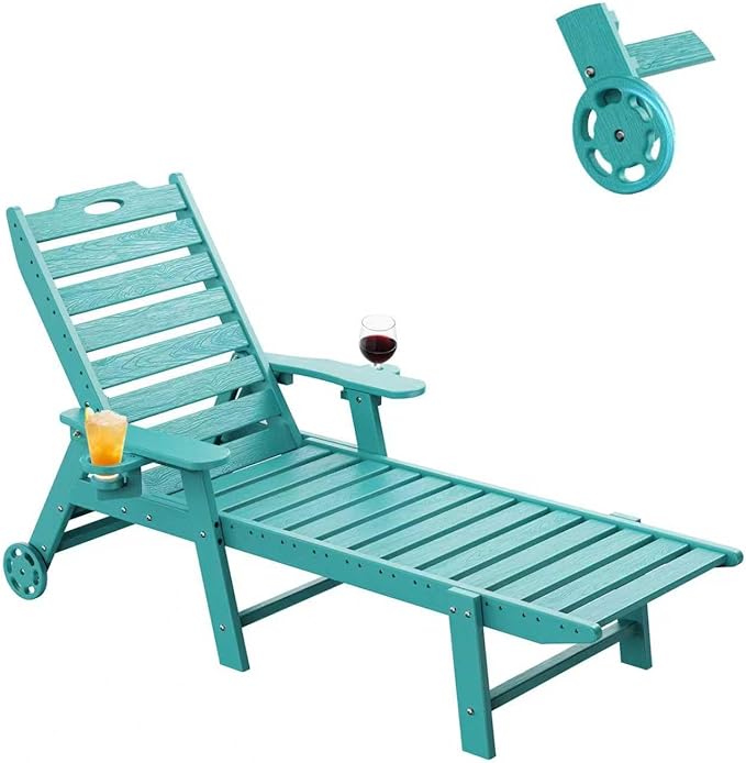 Carauci Lounge Chair Outdoor, HDPE Chaise Lounge with Wheels, 5-Position Adjustable Backrest & 2 Cup Holders Patio Lounge Chair, All-Weather Pool Sun Lounger for Poolside, Backyard, Lake Blue