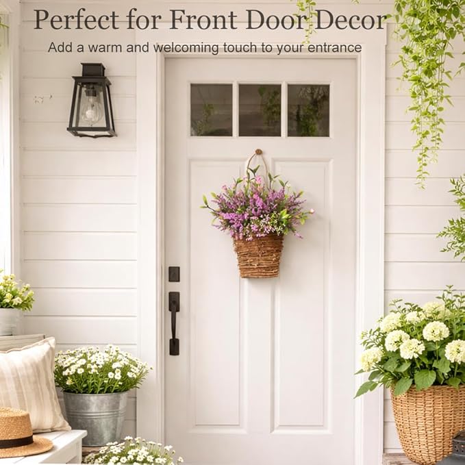 Wildflowers Door Hanging Basket, Spring Front Door Wreath for Porch Farmhouse Decor, Artificial Spring Flowers Hanging Ornament
