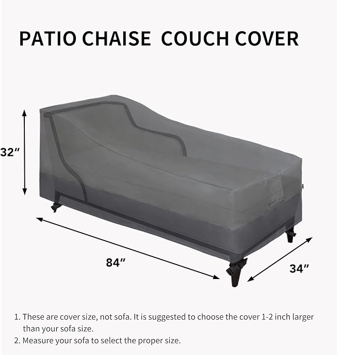 Easy-Going Waterproof Outdoor Chaise Lounge Cover, Heavy Duty Patio Lounge Chair Cover, Windproof Outdoor Furniture Cover with Air Vent 1 Pack-84Wx34Dx32H inch, Gray/Dark Gray