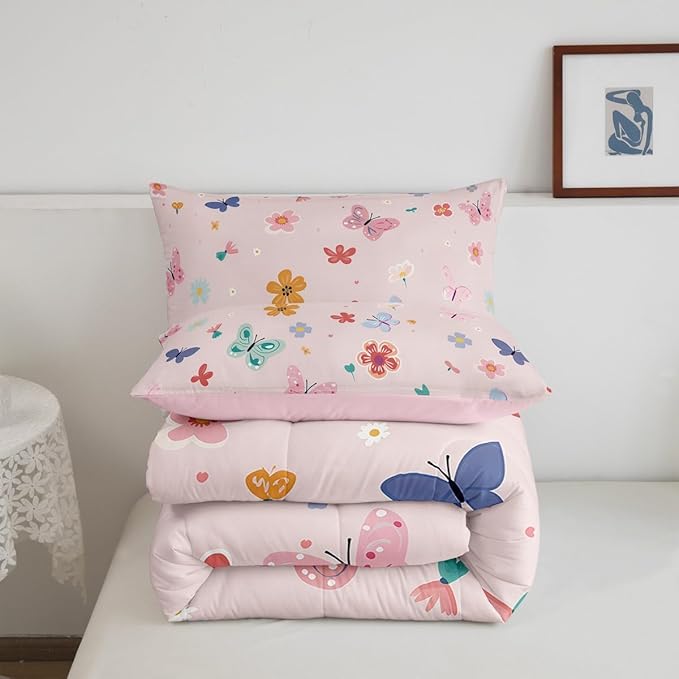 Erosebridal Kawaii Butterfly Twin Bedding Set,Cute Pink Floral Comforter Set for Girls Kids,Coquette Flower Garden Comforter,Pink Girly Princess Bedroom Room Decor,1 Pillowcase Reversible