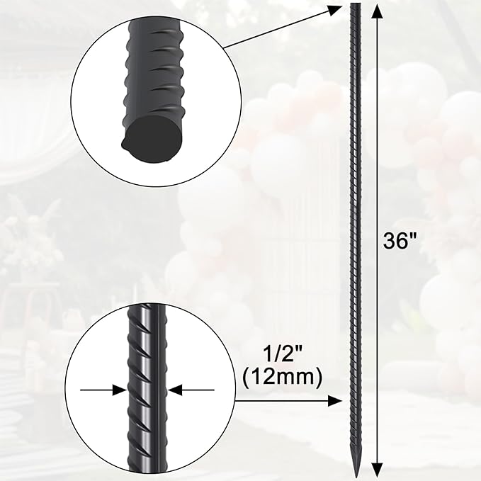 Metal Rebar Stakes 36 Inch 8 Pack Ground Stakes Heavy Duty 1/2 Inch Diameter with Chisel Point End Landscape Timber Spikes for Cement, Concrete Form, Plant Support, Black