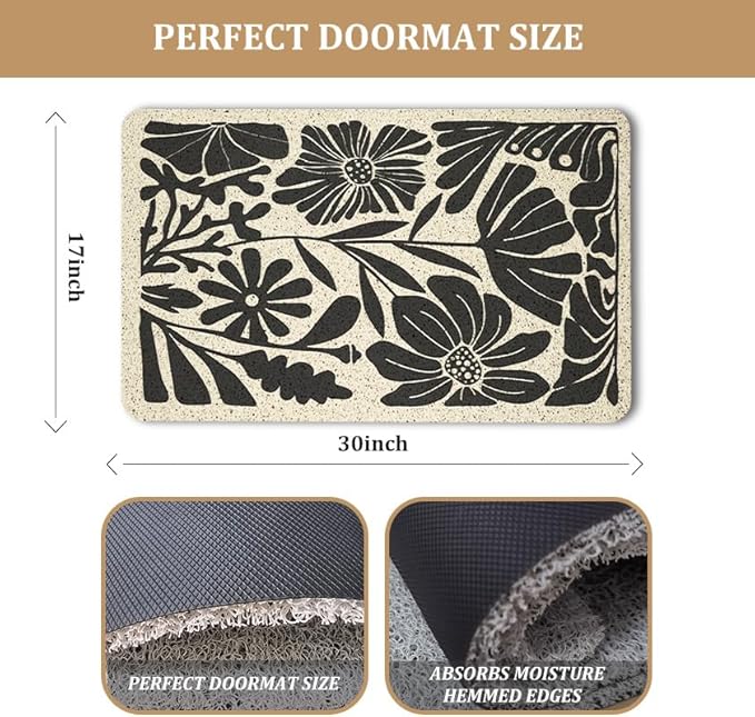 Boho Beige and Black Floral Door Mat - Bohemian Neutral Floral Front Door Welcome Mats Outdoor Entrance, 17x30 Rug