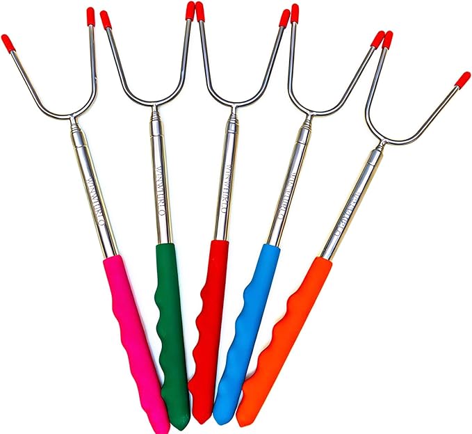 Marshmallow Roasting Sticks for Fire Pit, 5 Pack 45'' Extendable Stainless Smore Skewers Hot Dog Fork, Barbecue Forks with Non-Slip Handle for Bonfire, Grill & Campfire Party