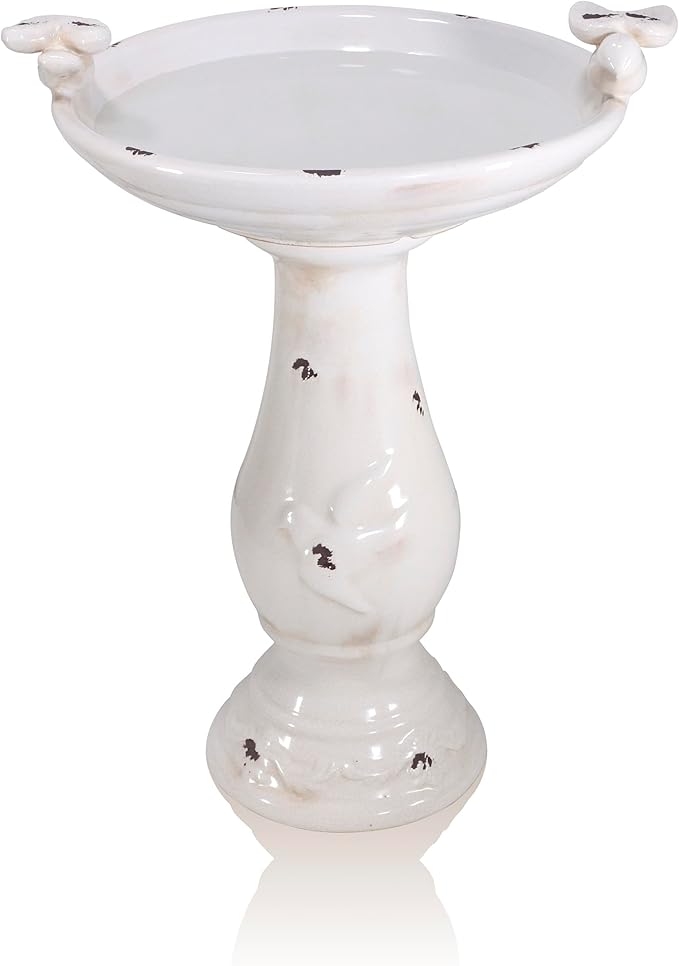 Alpine Corporation 25" Tall Outdoor Antique Ceramic Birdbath with 2 Bird Figurines - Vintage Style Garden Bird Bath Bowl for Patio, Yard, Lawn Decor, Light Brown