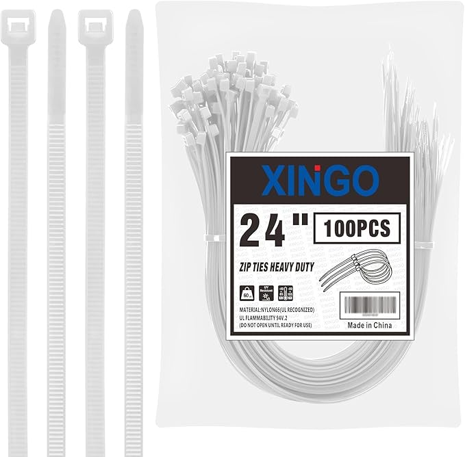 XINGO 24 inch White Zip Ties Heavy Duty (100 Pack), 60lb Tensile Strength, UV Resistant Cable Ties for indoor and outdoor use