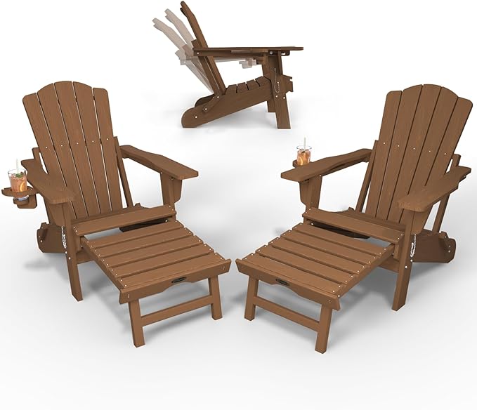 Folding Adjustable Adirondack Chairs with Ottoman & 1 Cup Holders Set of 2, HDEP Multifunctional Adirondack Chair with Footrest,Wood