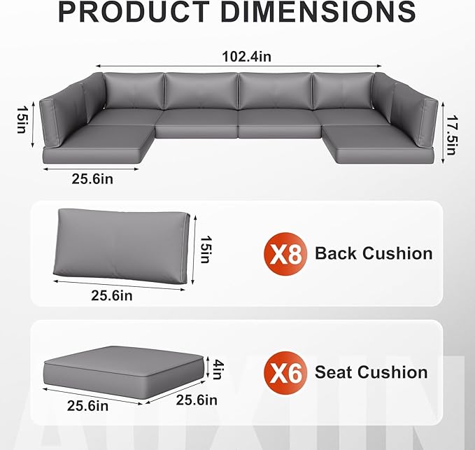 Aoxun Outdoor Replacement Cushions for Patio Furniture, Deep Seat Outdoor Cushions for 6-Seat Wicker Sectional, 14-Piece Water-Repellent Cushion for L-Shape Couch (Dark Grey)
