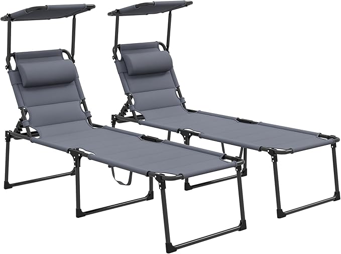 Outsunny 2 Pieces Outdoor Lounge Chair, Adjustable Backrest Folding Chaise Lounge, Cushioned Tanning Chair with Sunshade Roof & Pillow Headrest for Beach, Camping, Hiking, Gray