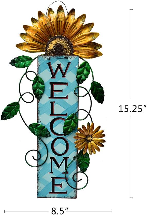 Attraction Design Welcome Sign for Front Door Decor Hanging Sign, Metal Flower Welcome Door Sign Wall Art Decor Hanging for Indoor Outdoor Patio Garden Yard Sign Porch Decoration 15.25X8.5In (B)