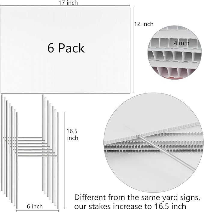 Blank Yard Signs with Stakes, Remiawy 6 Pack Lawn Signs Corrugated Plastic 17x12 Inches Custom Double Sided for Yard Sale Sign Outdoor, Garage Sale, Open House, Estate Sale, Guidepost, Birthday Party