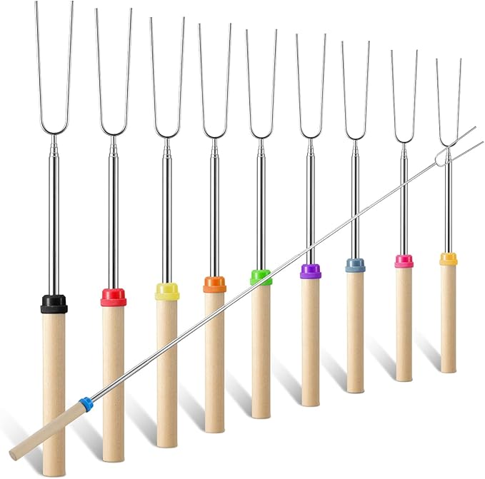 TIPTAP Marshmallow Roasting Sticks Set, 10PCS with Random Colors, Extendable and Reusable Marshmallow Stick, 32IN, Wood Handle, Premium Stainless Steel Smores Skewers for Fire Pit, Bonfire Party