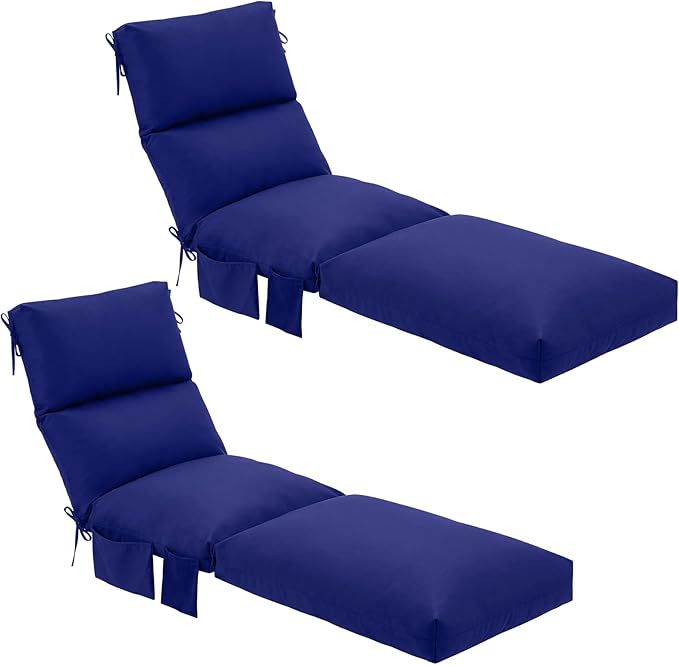 Kigley 2 Pcs Chaise Lounge Cushions, 77.9 x 20.5 x 4.7 Inch Outdoor Lounge Chair Cushions with Pocket, Thick Tufted Patio Recliner Replacement with Ties, Fade Resistant for Pool Furniture (Navy Blue)