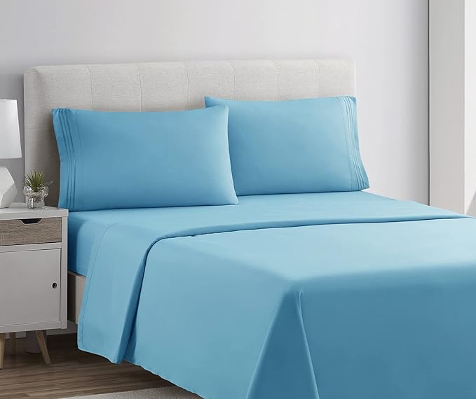 Clara Clark Bed Sheets, Premier 1800 Series 4 Piece Bed Sheet Set, Deep Pocket, Wrinkle, Fade, Stain Resistant, Luxury Soft Bedding Sheets & Pillowcases, Twin-XL, Beach Blue