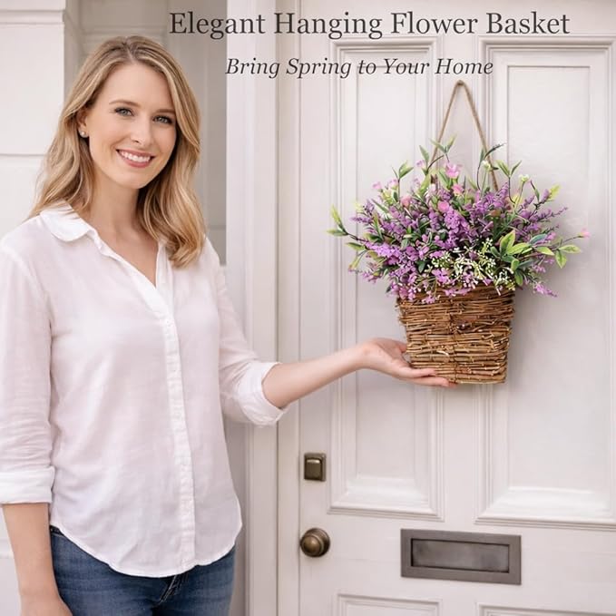 Wildflowers Door Hanging Basket, Spring Front Door Wreath for Porch Farmhouse Decor, Artificial Spring Flowers Hanging Ornament