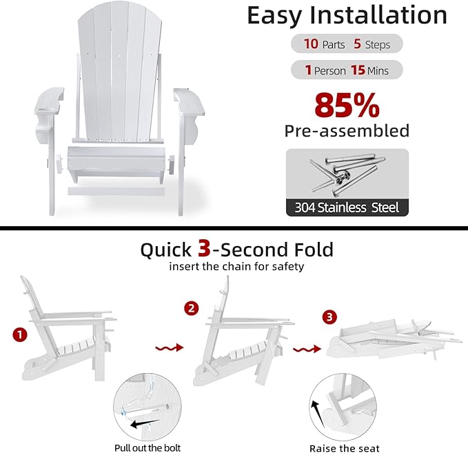 Adirondack Chairs, Folding Adirondack Outdoor Chair with Cup Holder, Wood Texture Fire Pit Chairs for Lawn, Patio Garden and Deck, White