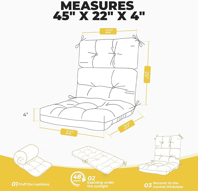 Outdoor/Indoor High Back Chair Cushion, Waterproof Outdoor Rocking Chair Cushion with Ties, Tufted Replacement Seat Cushions for Outdoor Furniture, Yellow