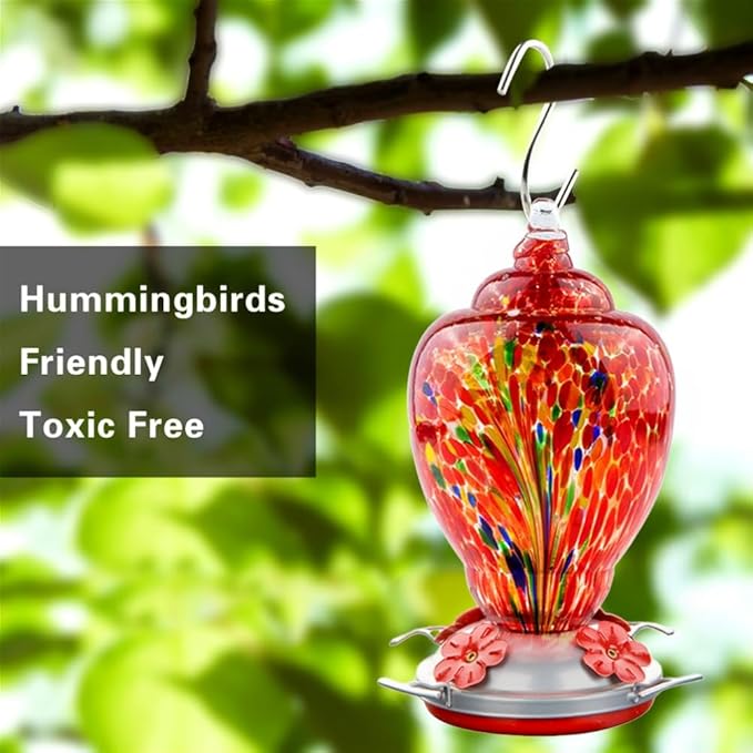 2 Pack Unique Hand Blown Glass Hummingbird Feeders for Outdoors Hanging Patio Garden Decorations Hummingbird Feeder with Ant Moat Hook Brush and Service Card (Blue and Fire)