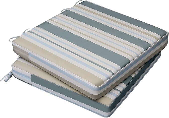 AAAAAcessories Outdoor Seat Cushions for Chairs, Waterproof, Fade-Resistant, 17" x 16" x 2", Patio Furniture Replacement Cushions, Set of 2, Slate Gray Blue Coastal Stripe