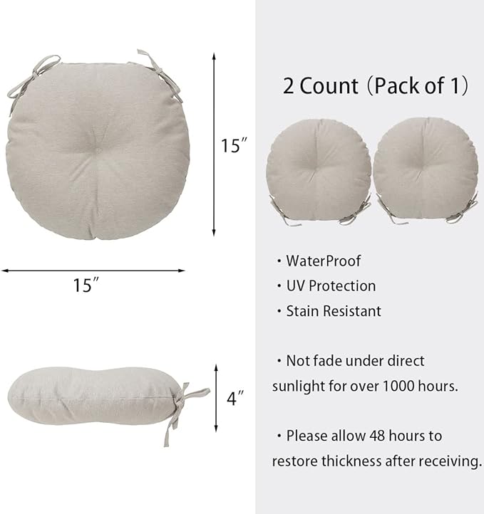 Bistro Chair Cushions 15 inch,Set of 2,Tufted Round Chair Cushions with Ties,15"x15"x4",Water Resistant Round Seat Cushion for Barstool Chairs,Patio Garden Kitchen Outdoor Furniture(Light Brown)