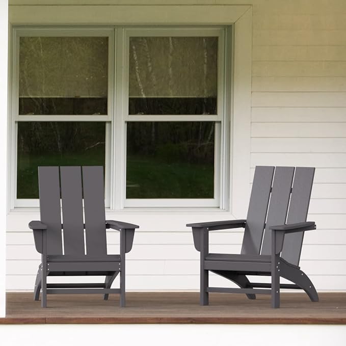Modern Adirondack Chairs Set of 2, HDPE Plastic Patio Chairs for All Weather, Fire Pit Chair, Outdoor Lawn Chairs for Deck, Porch, Backyard, Garden, Slate Gray