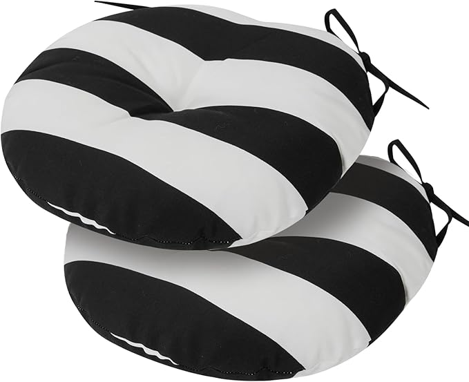 Bistro Chair Cushions 15 inch,Set of 2,Tufted Round Chair Cushions with Ties,15"x15"x4",Water Resistant Round Seat Cushion for Barstool Chairs,Patio Garden Kitchen Outdoor Furniture(Black White)