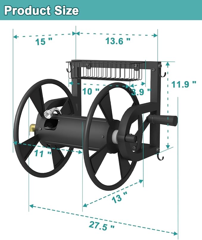 Outdoor Wall Mounted Hose Reel with Hook, Garden Heavy-Duty Water Holder Winder with 3.9 ft Leader Hoses, Brass Fitting and Storage Basket for Yard, Holds 125 Ft of 5/8-Inch Hose, Black