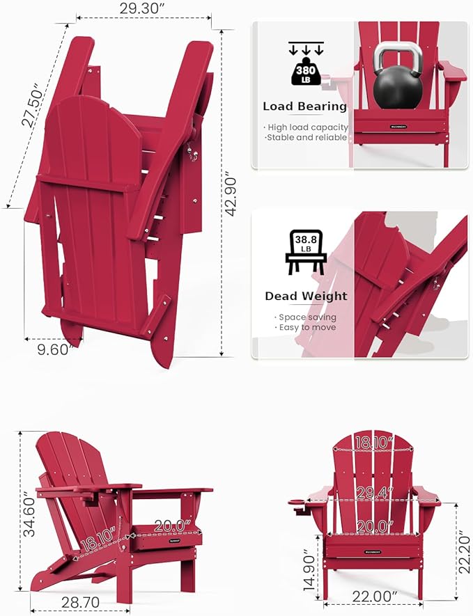 MUCHENGHY Folding Adirondack Chairs, Patio Chairs, Lawn Chairs, Outdoor Chairs, Adirondack Chair Plastic, Fire Pit Chairs, Weather Resistant with Cup Holder for Deck, Backyard, Garden(Red)
