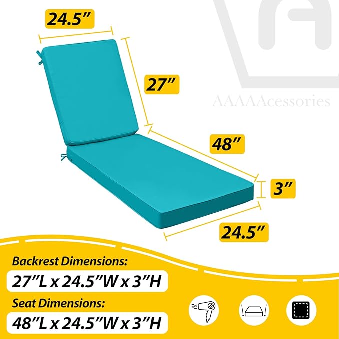 AAAAAcessories Outdoor Chaise Lounge Cushions, Fade-Resistant, Waterproof Patio Furniture Replacement Cushions, 75" x 24.5" x 3", Turquoise Blue