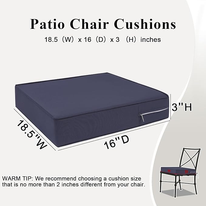 Outdoor Chair Cushions Set of 2 for Patio Furniture 18.5x16x3 Inch Waterproof Patio Chair Cushion 3 Year Color Fastness Rectangle Elastic Foam Garden Couch Pads with Ties and Handle,Grey