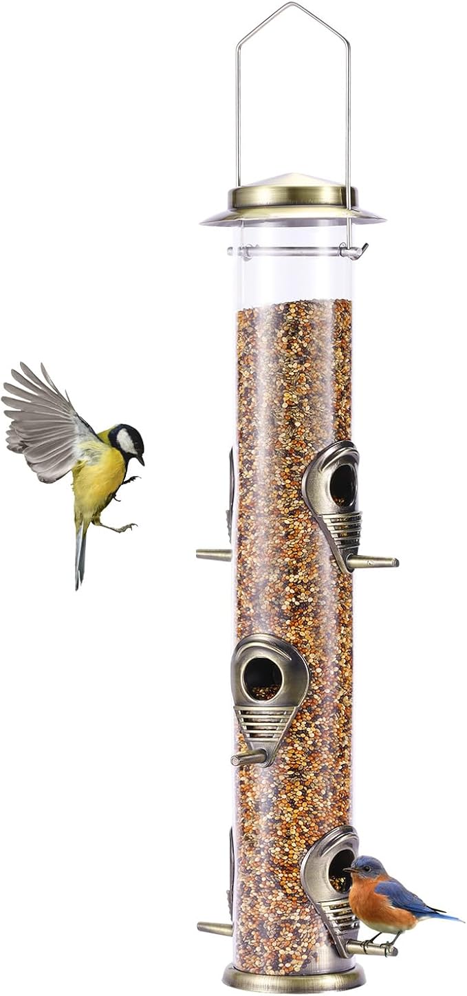 ERYTLLY Metal Bird Feeders 6 Port Tube Bird Feeder for Wild Birds, 1.4mm Extra Thick Solid Tube Transparent with Steel Squirrel Proof for Outside