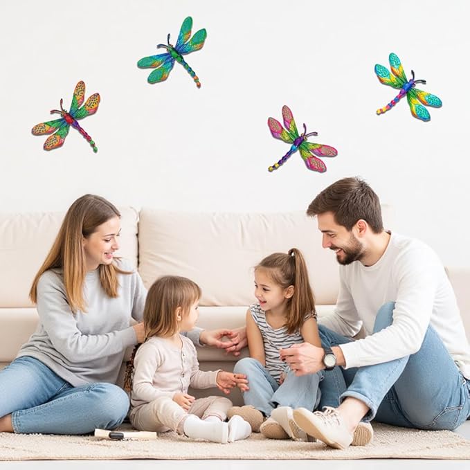 4 PCs Metal Dragonfly Wall Decor Art, Dragonflies Outdoor Wall Art with Colorful Leaves, Hand Painted Outdoor Decor for Garden Yard Fence Patio Outside Decoration
