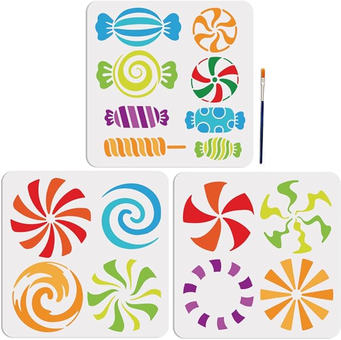 MAYJOYDIY 16 Styles Candy Mint Candy Lollipop Stencils 11.8×11.8inch Candy Theme Stencil with Paint Brush Sweet Candy Stencil DIY Candy Crafts for Birthday Xmas Holiday Decor Gift Making