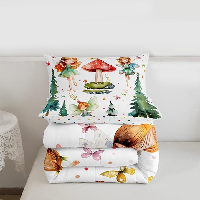 Erosebridal Mushroom & Fairy Twin Comforter Set - Butterfly Bedding Sets for Kids Girls, Whimsical Fairies Garden Bed Set | Forest Themed Butterflies Room Decor with 1 Pillowcase