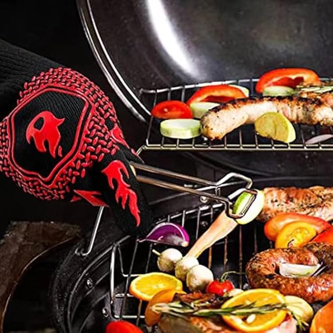 BBQ Grill Gloves Heat Resistant 1472℉ High Temp Resistance Fireproof Glove for Grilling Smoking Barbecue Washable Long Oven Extreme Hot Proof Mittens for Kitchen Baking (Red)