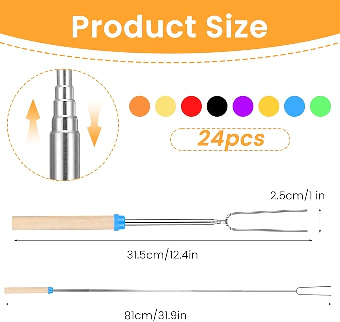 24 Pack 32 Inch Stainless Steel Extendable Marshmallow Roasting Sticks Smores Sticks Skewers for Fire Pit, Hot Dog Camping Forks, Fire Pit Accessories